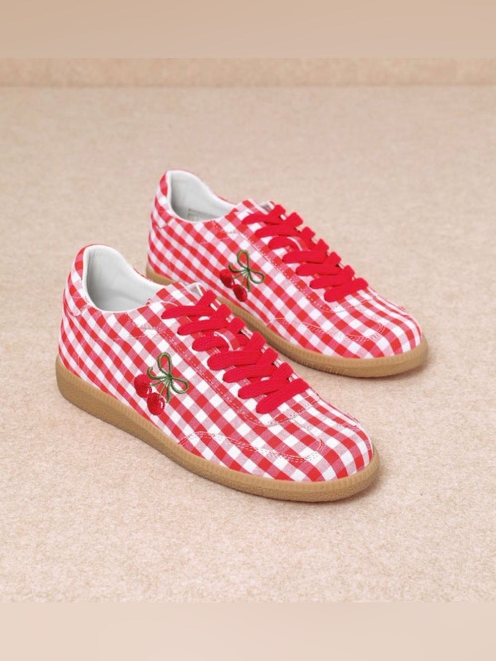 NEW IN BOX Mi.iM Mary Gingham Sneakers Embroidered Cherry Design Size 8